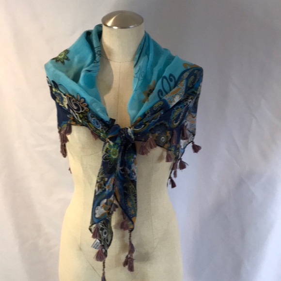 Tickled pink light blue floral pattern tassel scarf wrap boho summer bohemian OS - Picture 1 of 14